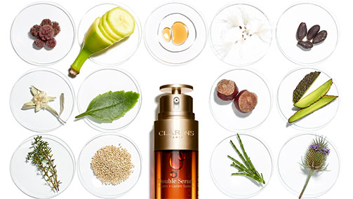 What combination of natural active ingredients are in the Clarins Double Serum
                    